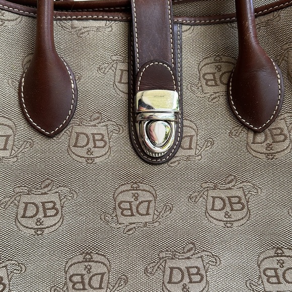 Y2K Dooney & Bourke DB Logo Double Handle Tote Brown Fabric Leather Accents - Picture 2 of 16
